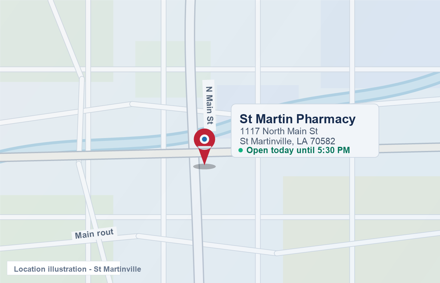 Map illustration showing St Martin Pharmacy on North Main Street in St Martinville